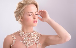 blonde, closed eyes, necklace, Sharon Eisenberg