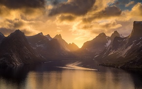 sky, island, Norway, sunset, snowy peak, mountain