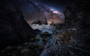 rock, tunnel, starry night, landscape, Milky Way, water