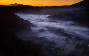 valley, landscape, mountain, mist, sunrise, villages