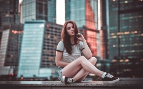 sitting, city, girl, portrait