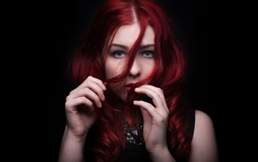 portrait, face, redhead, girl, black background