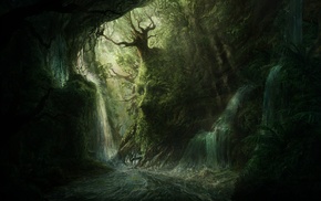 river, trees, dark, digital art, artwork, waterfall