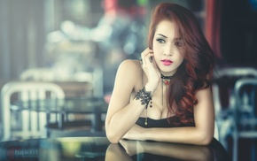 girl, Asian, model, redhead, cleavage