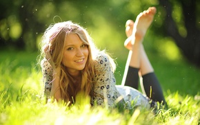 blonde, grass, looking at viewer, depth of field, girl, lying on front