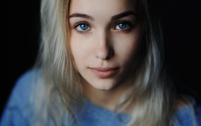 black background, girl, blue eyes, portrait, blonde, face