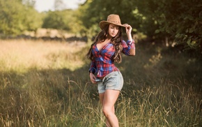 cleavage, girl outdoors, girl, long hair, jean shorts