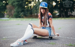 girl, sitting, skateboard, baseball caps, white stockings, jean shorts