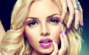 face, painted nails, blue eyes, blonde, open mouth, makeup