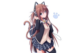 headphones, artwork, school uniform, simple background, anime girls, tail