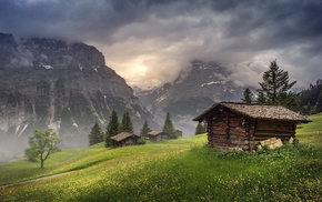 sunrise, grass, hut, clouds, nature, Switzerland