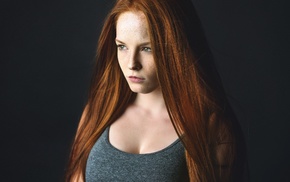 face, cleavage, portrait, green eyes, looking away, redhead