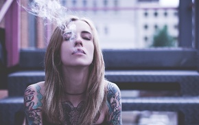 girl, tattoo, closed eyes, smoke, smoking