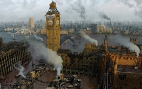cityscape, smoke, England, bridge, apocalyptic, city