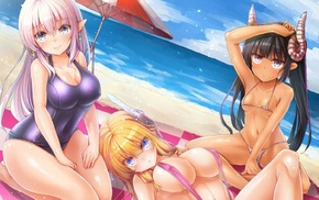original characters, horns, swimwear, beach, anime girls, bikini