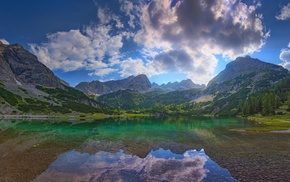 mountain, clouds, Austria, landscape, trees, water
