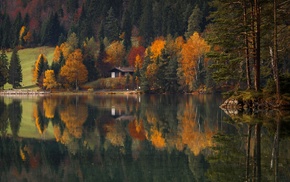 house, landscape, lake, forest, fall, water