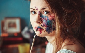 face paint, brunette, face, paintbrushes, girl