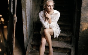 sitting, blue eyes, girl, Diane Kruger, white clothing, blonde