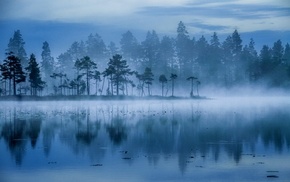 water, landscape, nature, blue, mist, lake