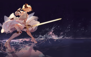 Fate Series, sword, armor, blonde, artwork, ribbon
