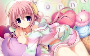 pillows, pink hair, original characters, horns, anime girls