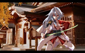anime girls, shrine, sword, original characters, miko