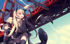 bridge, birds, original characters, red eyes, anime girls, twintails