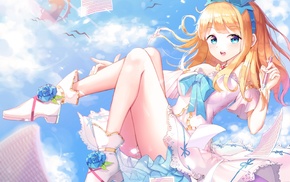 blonde, floating, anime girls, ribbon, original characters, dress