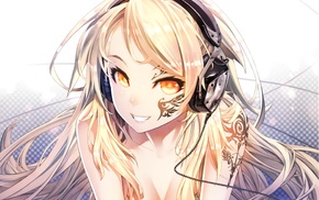 anime girls, blonde, headphones, tattoo, original characters