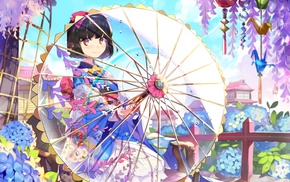 anime girls, flowers, kimono, short hair, traditional clothing, original characters