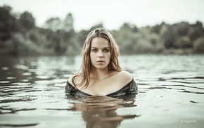 wet body, face, river, girl, portrait