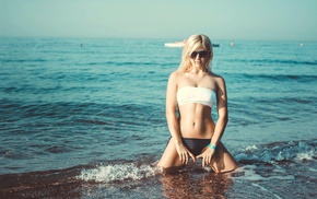 girl, blonde, bikini, spread legs, girl with glasses, kneeling
