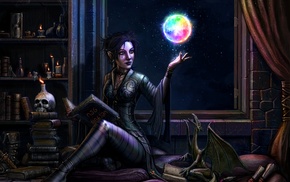 witch, books, fantasy art, window, girl, candles