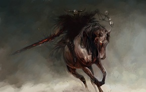 horseman, warlocks, sword, skull, fantasy art, horse