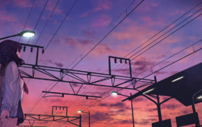 original characters, train station, anime girls, clouds