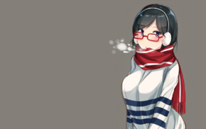 simple background, blue eyes, meganekko, glasses, blushing, scarf