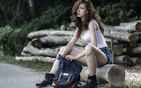 girl, white tops, sitting, jean shorts