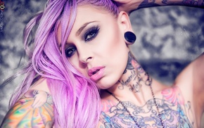 dyed hair, nose rings, tattoo, hands on head, portrait, Emily DearHeart