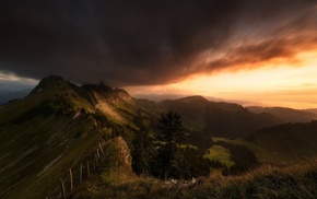 Switzerland, landscape, mountain, fence, grass, sunset