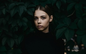 girl, leaves, face, portrait