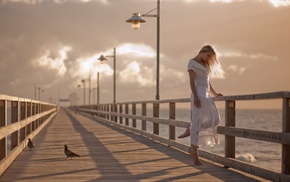 barefoot, white dress, blonde, model, girl, seagulls