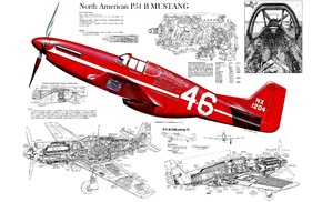 airplane, sketches, cockpit, digital art, North American P, 51 Mustang