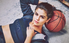 Selena Gomez, lying down, sports bra, brunette, girl, basketball