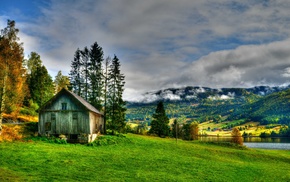HDR, clouds, forest, village, hut, grass