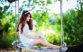 brunette, white dress, sitting, swings, trees, girl outdoors