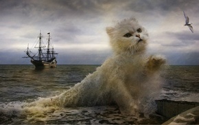 fantasy art, ship, cat, digital art