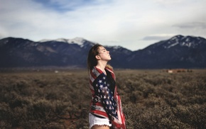 girl outdoors, American flag, mountain, girl, nature, photography