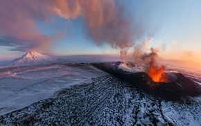 aerial view, winter, Russia, eruption, Kamchatka, smoke
