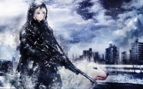 soldier, original characters, gun, snow, wolf